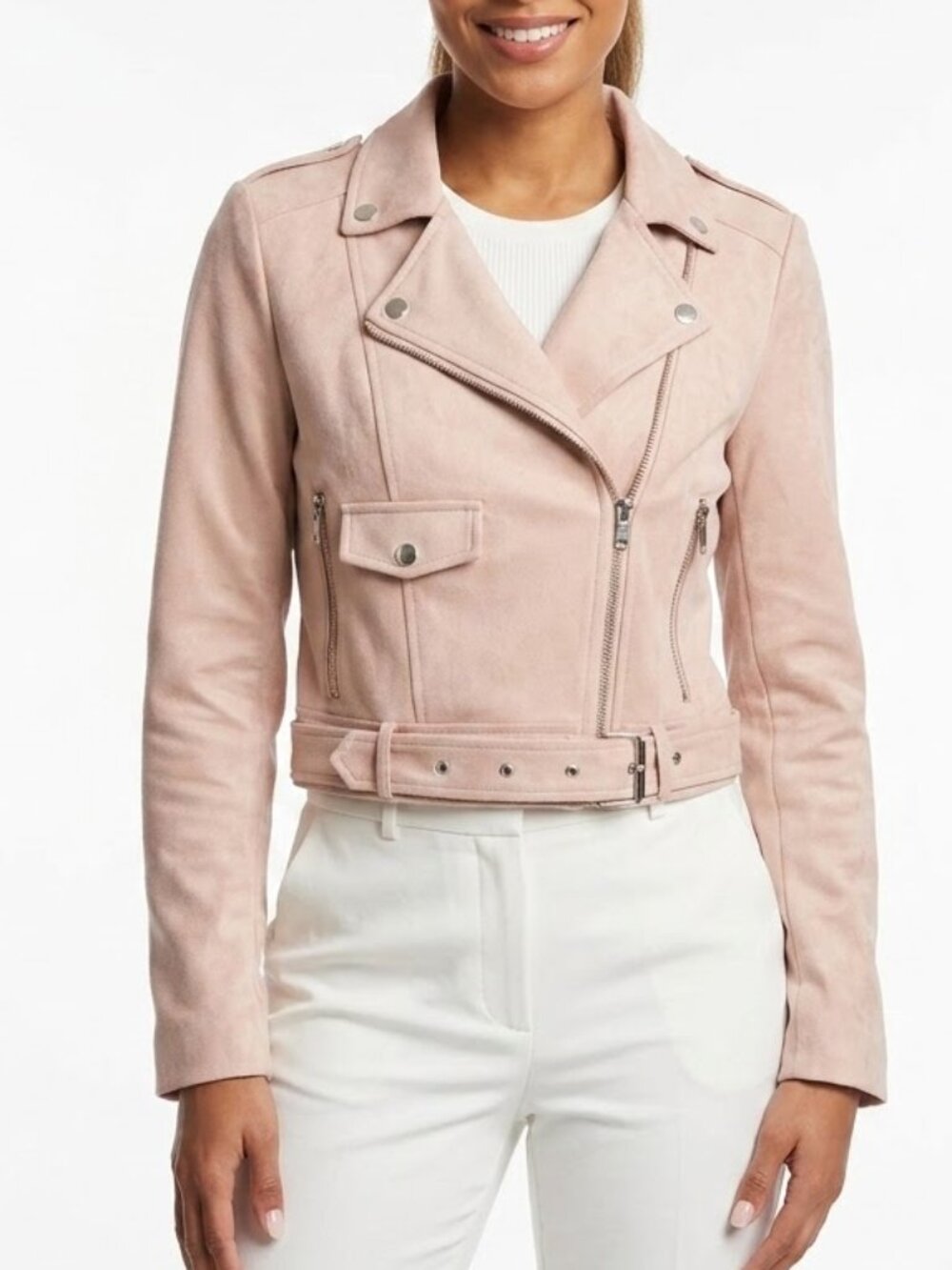 MISSGUIDED Tan Faux Suede Biker Jacket Cropped Boho Moto Sand US 8